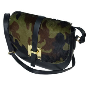 Charlie Leather Mack Black & Camo Small Half Moon Crossbody Bag - NWT